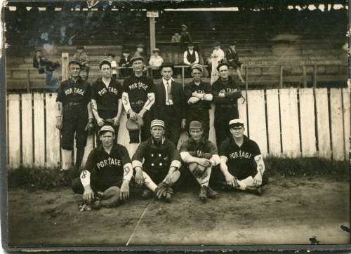 Portage Base Ball Team in Front of Grandstand 1905